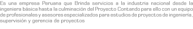 Es una empresa Peruana que Brinda servicios a la industria nacional desde la ingeniera básica hasta la culminación del Proyecto Contando para ello con un equipo de profesionales y asesores especializados para estudios de proyectos de ingeniería, supervisión y gerencia de proyectos 